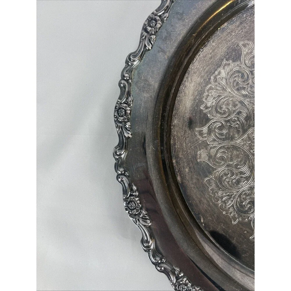 Vintage Silver-Plated Serving Tray Round Ornate Rim Engraved April 1976